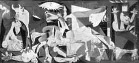 Pritisnuti za uveanje. Picasso stvara kompoziciju od plonih, jednolino obojanih, kolairanih oblika kojima daje raspon akromatskih tonova sive izmeu graninika crne i bijele. Dodatno, dojam tona ostvaruje i teksturiranjem crticama (ispod konjske glave). 